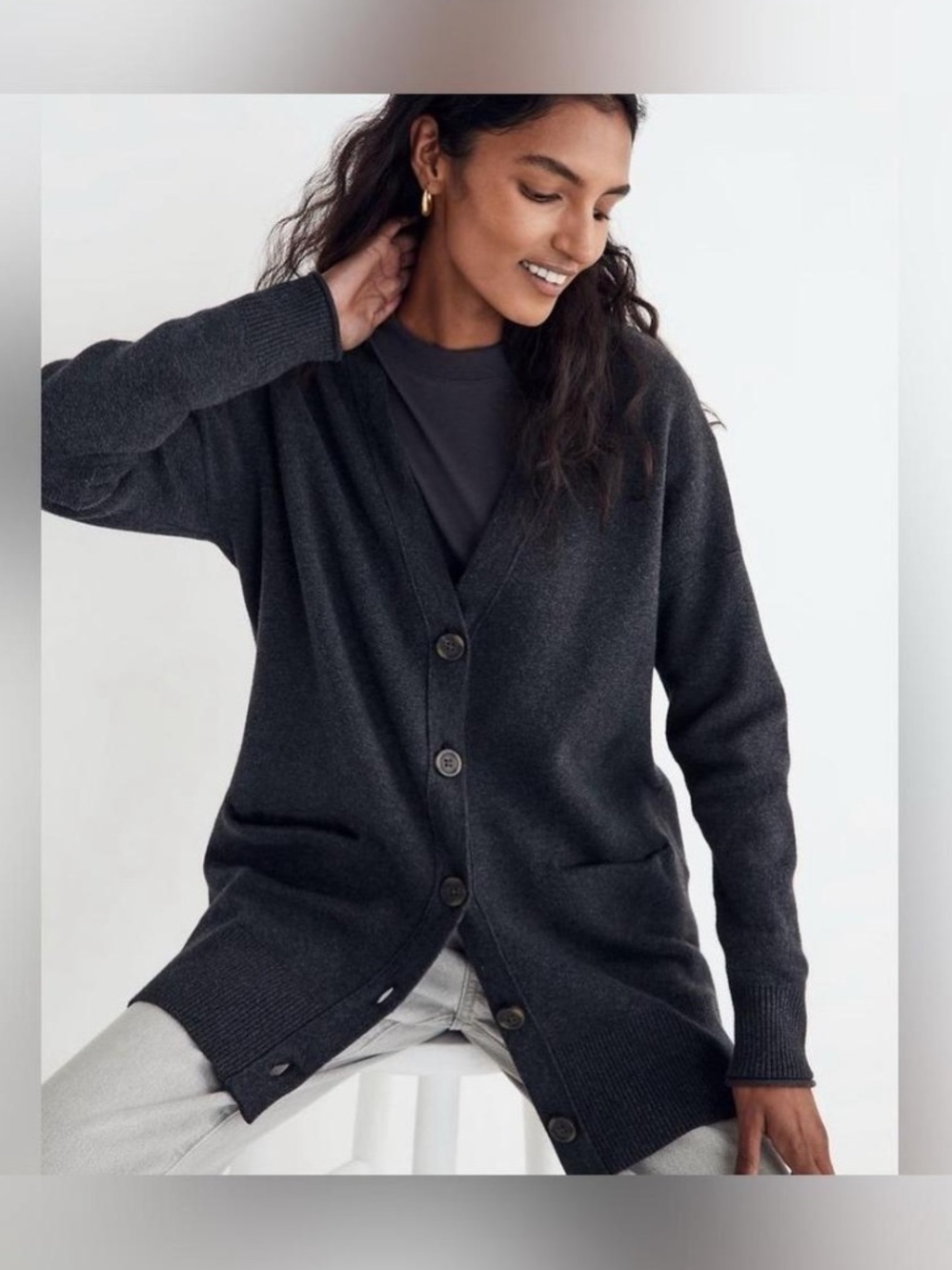 Madewell Charcoal Button-Up V-Neck Cardigan